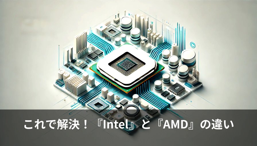 CPUのイメージ画像、文字は「これで解決！『Intel』と『AMD』の違い」と、書いてあります。