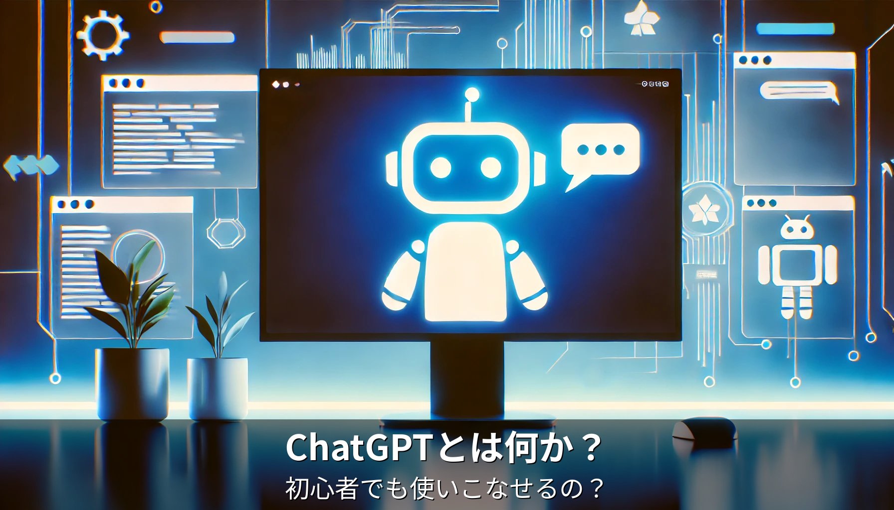 ChatGPTを表すロボットとチャットをイメージした画像に、「ChatGPTとは何か？」「初心者でも使いこなせるの？」と書いたアイキャッチです。