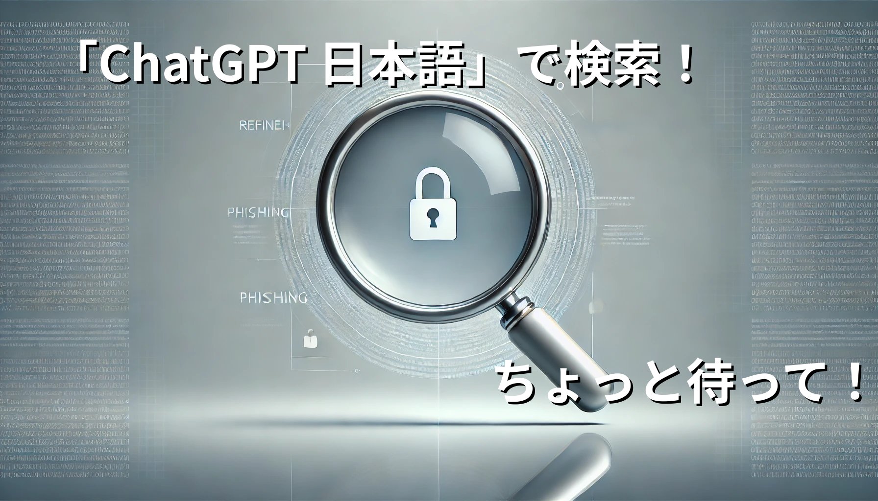 「ChatGPT　日本語」と検索する危険性を、虫眼鏡と鍵でイメージし、ちょっと待ってと警告している画像は、サイト内の記事を読むことで、危険を回避することをイメージしています。